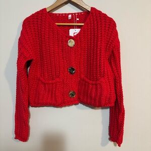 Chunky knit cropped cardigan with gold-tone buttons & front pockets| Wms Sz S